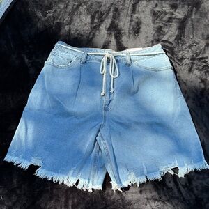 SO Light Blue Frayed Bermuda Jean Shorts super high rise
